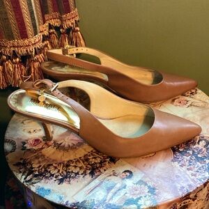 Michael Kors medium brown kitten heels with hardware detail, size 7 1/2